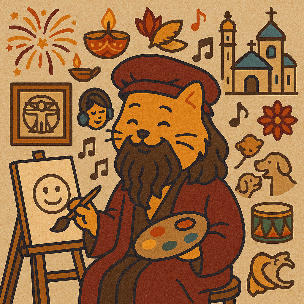 dawhynci mascot cat illustration with cultural icons